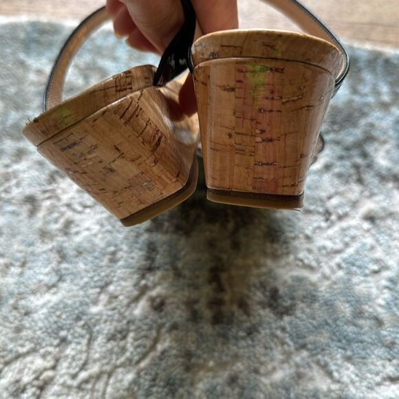 Stuart Weitzman Aleena Wedge Slide Sandal. Square toes. Black patent straps. 6 - Picture 5 of 7